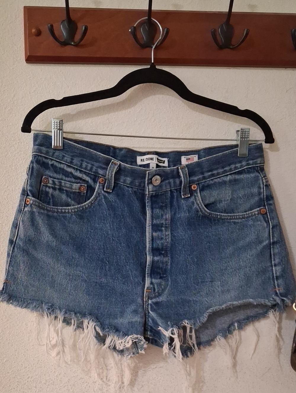 Re/Done Light Blue Frayed Hem High-Rise Denim Shorts Size 28